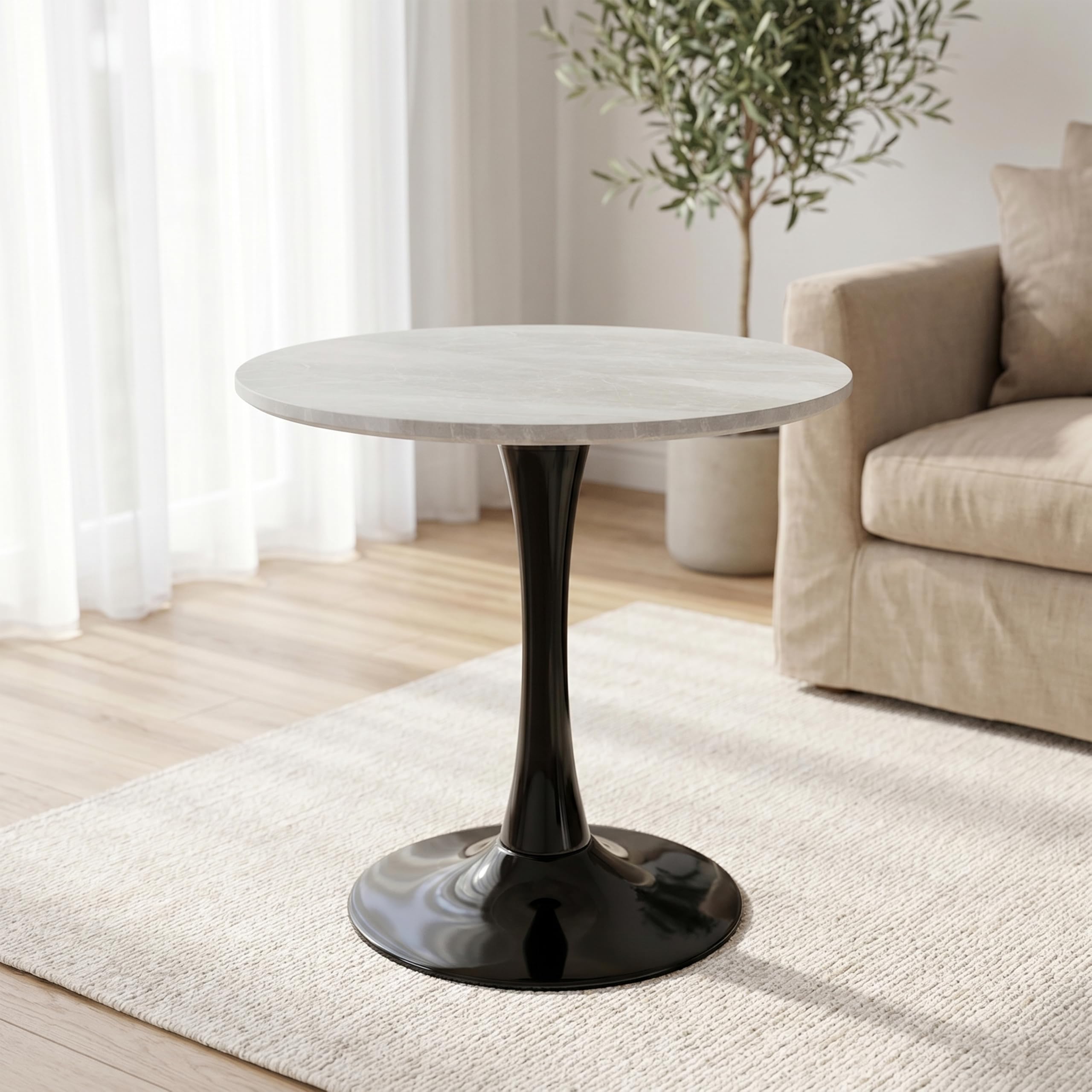 27.6" Marble Round Tulip Table, Mid-Century Modern Style Dining Table with Black Pedestal Base for 2-4 People, Featuring A Marble Tabletop for Kitchen, Dining Room, Cafe (Grayish White)