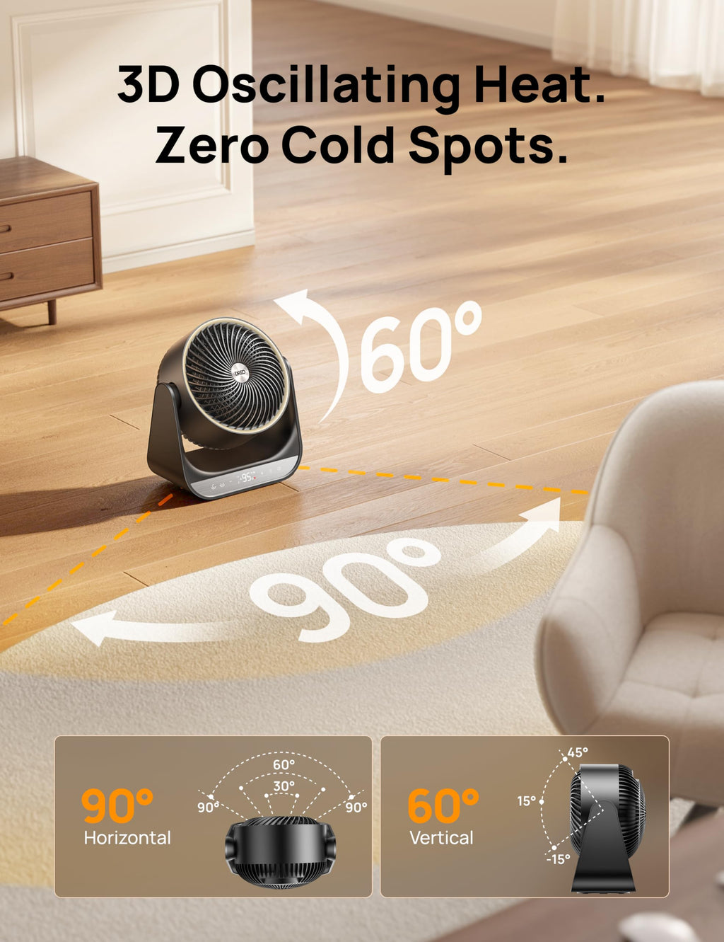 60° Vertical & 90° Horizontal 3D Oscillating Heating, 12 ft/s Long-Range Circulator, 3 Heat & 3 Fan Settings, Space Heaters for Indoor Use, Bedroom, Office, Black