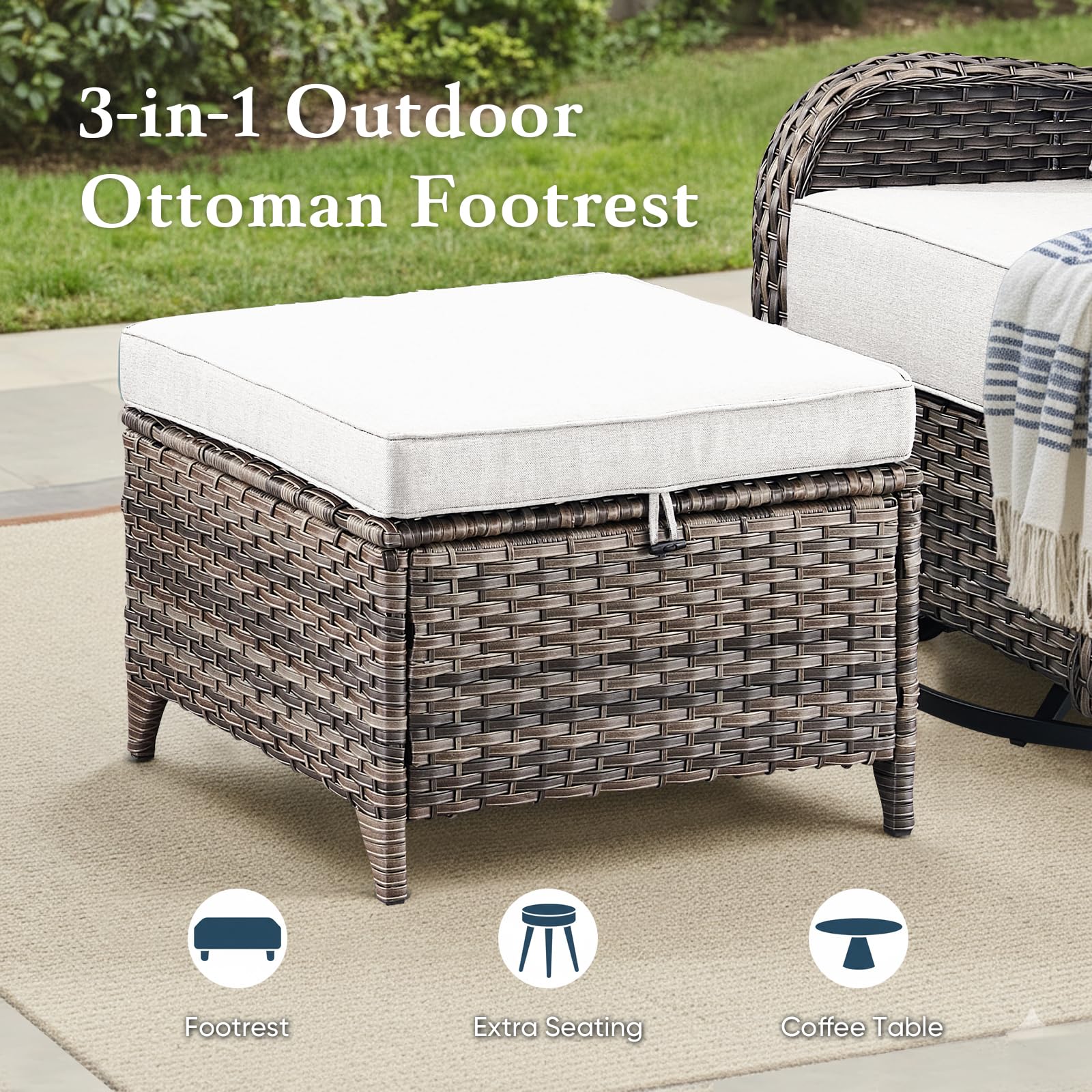 Luxury 6" Thick Cushioned 5 Pieces Patio Furniture Set with 2 Ottomans, Wicker Outdoor Conversation Set with High Back Swivel Rocker Patio Chairs for Deck Porch Yard and Poolside - Grey+Beige