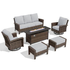 Grey Patio Furniture Set, High Back Wicker Sofa, Swivel Chairs with 5.5