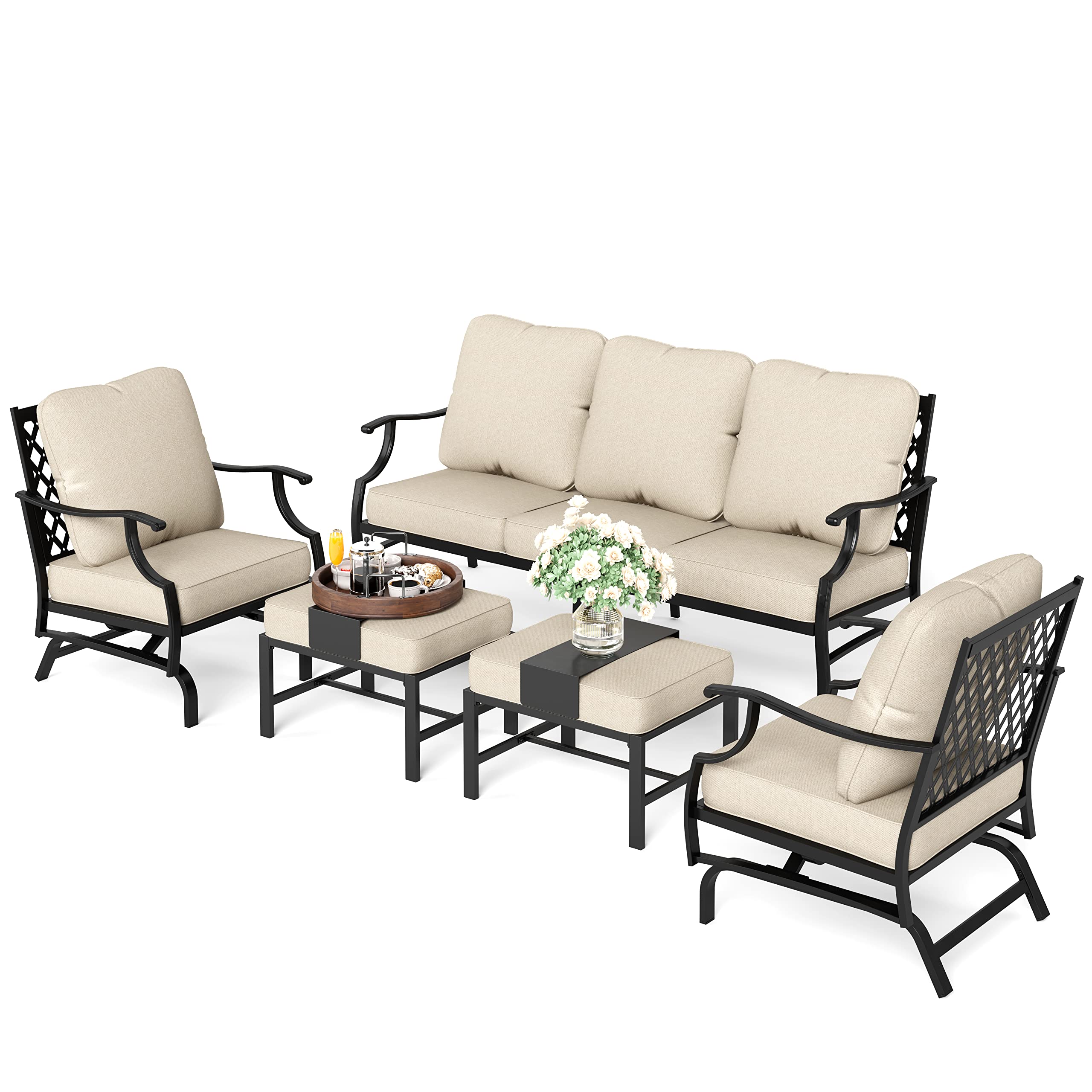5 Pieces Patio Furniture Set, 2 x Cushioned Rocking Chair, 2 x Ottoman, 1 x 3-Seat Sofa, All Cushioned 7 Seats Outdoor Conversation Set for Lawn Garden Backyard