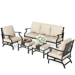 5 Pieces Patio Furniture Set, 2 x Cushioned Rocking Chair, 2 x Ottoman, 1 x 3-Seat Sofa, All Cushioned 7 Seats Outdoor Conversation Set for Lawn Garden Backyard