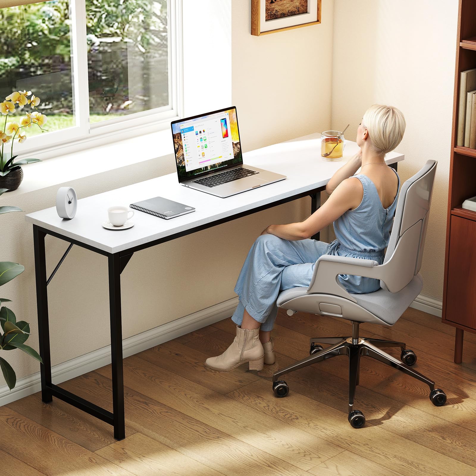 Small Computer Office Desk 63 Inch Student Study Writing Work with Metal Frame Wood Tabletop Modern Simple Home Bedroom PC Table with Storage for Study and Work White