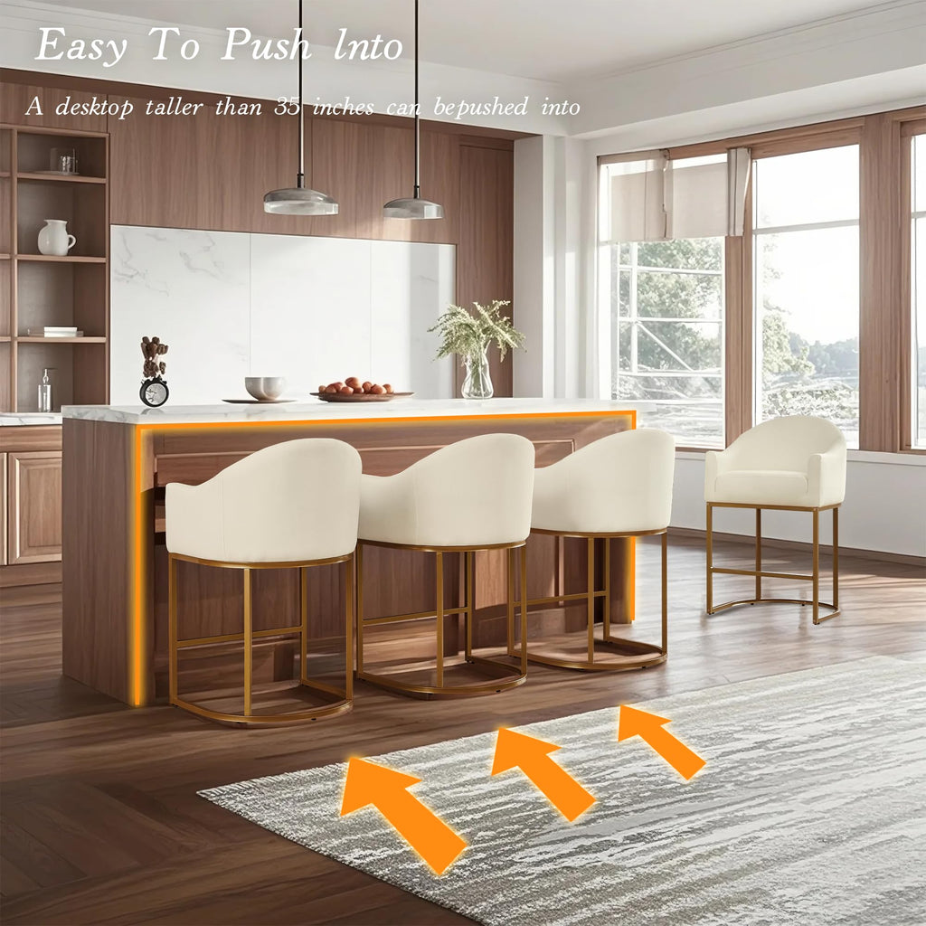 26" Modern Counter Height Bar Stools,Barstools with Arms,Kitchen Island Chairs,Fabric Upholstered Barrel Bar Stools with Backs,Metal Gold Frames,Off White Linen