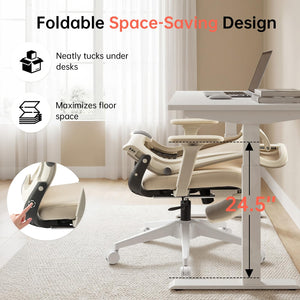 Foldable Office Chair with Foot Rest, Ergonomic Office Chair with Adjustable Lumbar Support, Headrest, Armrest, Home Office Desk Chair for Space Saving, Work from Home, Cream