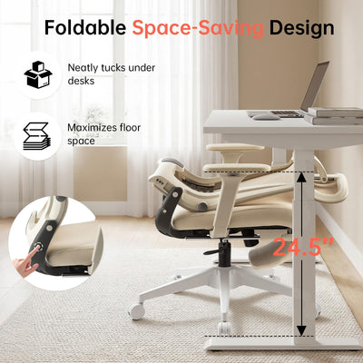 Foldable Office Chair with Foot Rest, Ergonomic Office Chair with Adjustable Lumbar Support, Headrest, Armrest, Home Office Desk Chair for Space Saving, Work from Home, Cream