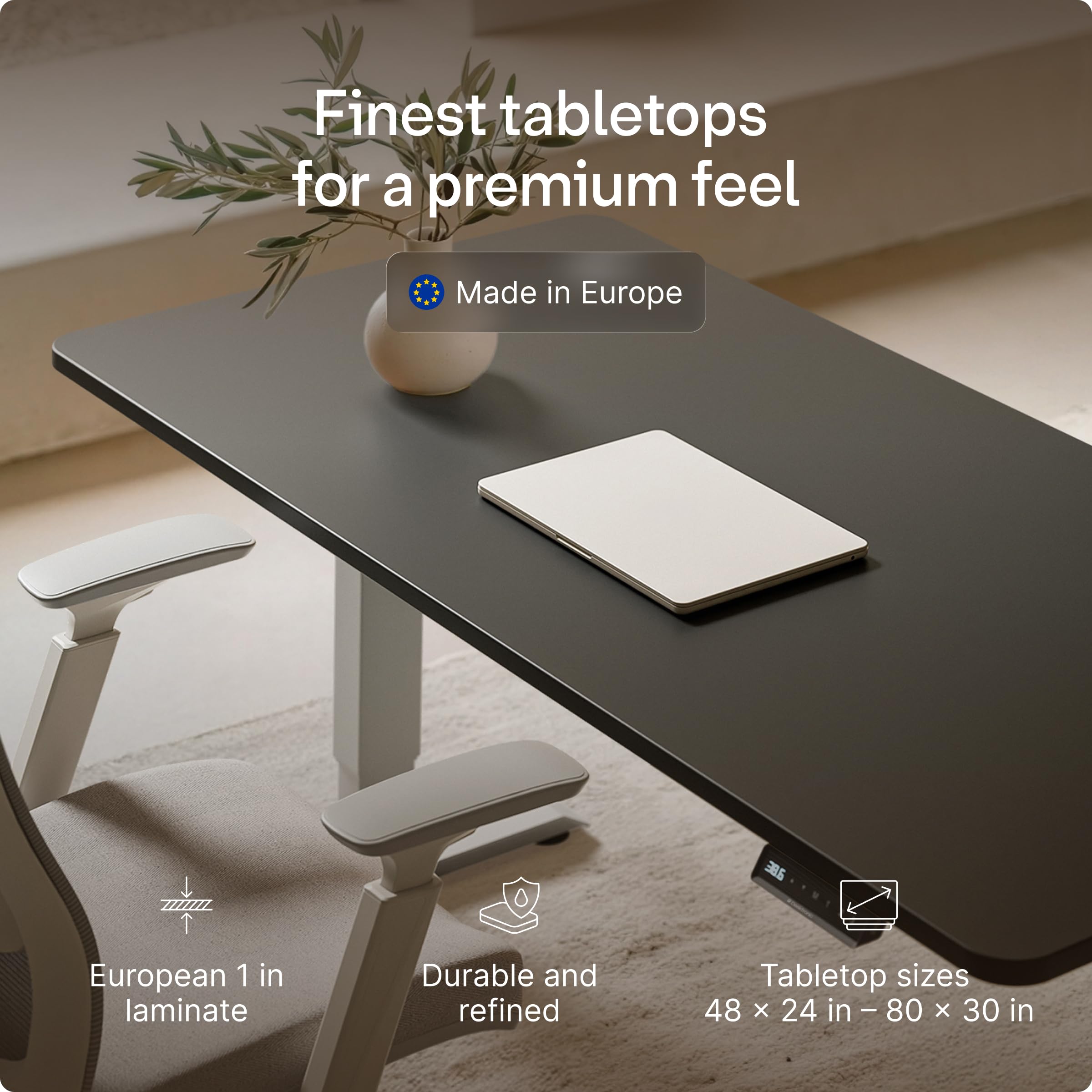 HomePro Standing Desk 54x28 — Made in Europe, Ergonomic Sit Stand Home Office Desk, Electric Height Adjustable, Dual Motor, USB & USB-C Charging, Wobble-Free, Touchscreen, 3 Memory Presets