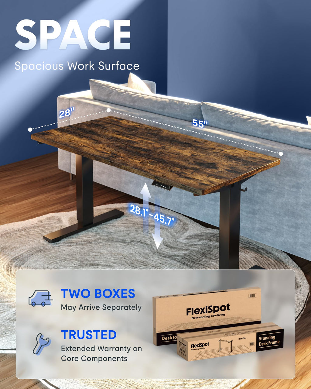 EN1 One-Piece Standing Desk, Electric Adjustable with 4 Memory Presets, 176 LBS Capacity, Stable & Quiet, Seamless Desktop for Home Office & Dual Monitors, 55"x28" Rustic Brown