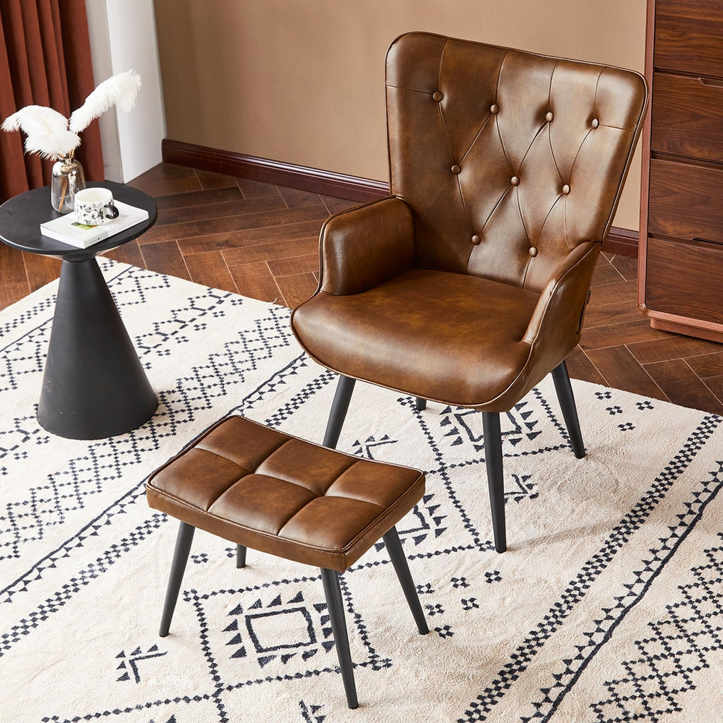 PU Leather Accent Chair with Ottoman, Upholstered Reading Chair with High Backrest, Tufted-Button Wingback Armchair for Bedroom, Dressing Room, Home Office, Brown