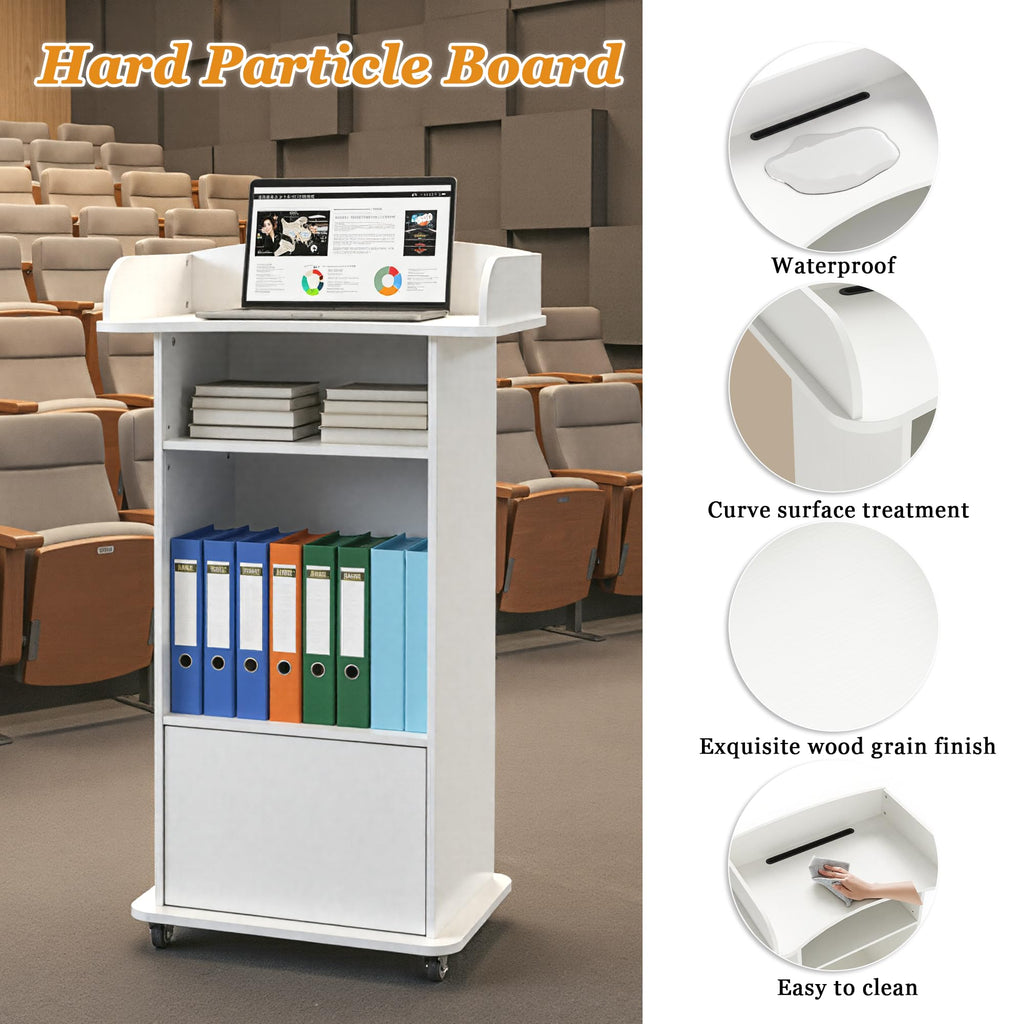 Podium Stand with Metal Wheels Wooden Lectern Podium Stand Portable Pulpit Standing with Storage Mobile Reception Podiums Desk for Church Office School Conference Restaurant Meeting, White
