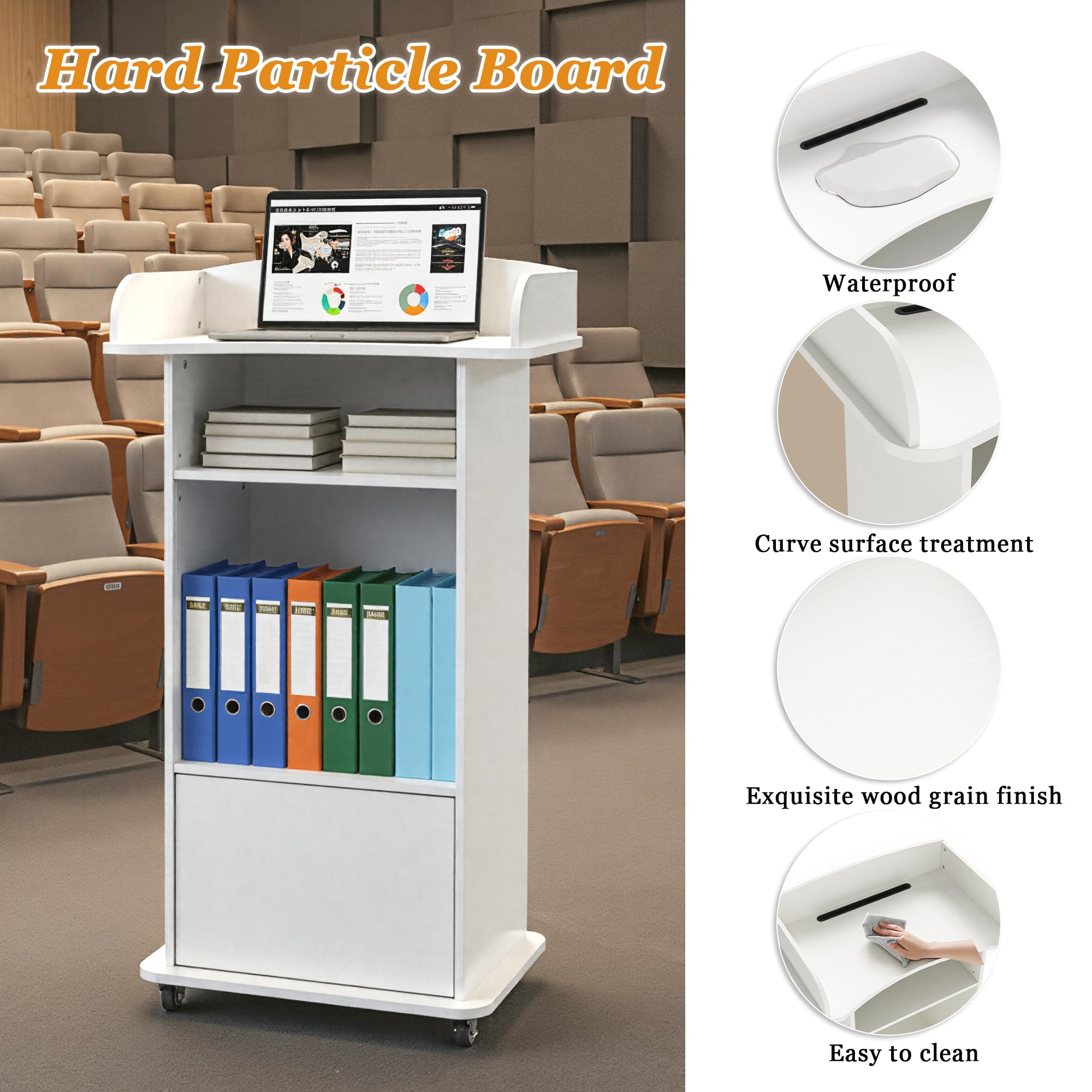 Podium Stand with Metal Wheels Wooden Lectern Podium Stand Portable Pulpit Standing with Storage Mobile Reception Podiums Desk for Church Office School Conference Restaurant Meeting, White