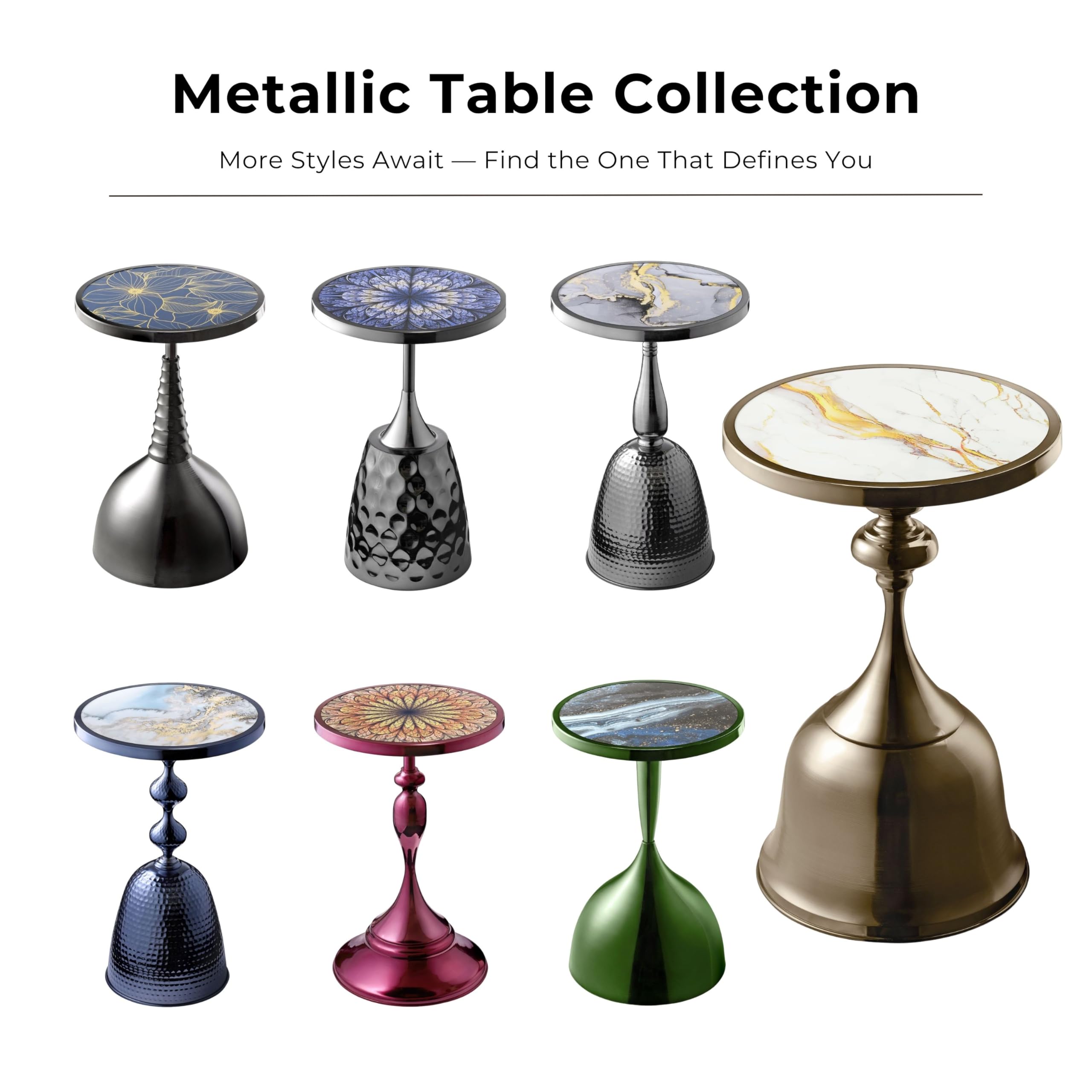 Modern 24" Tall Round End Table with Decorated Tabletop and Iron Metal Base, Accent Furniture, Elegant Pedestal Stand for Living Room, Home Office, Chrome Green