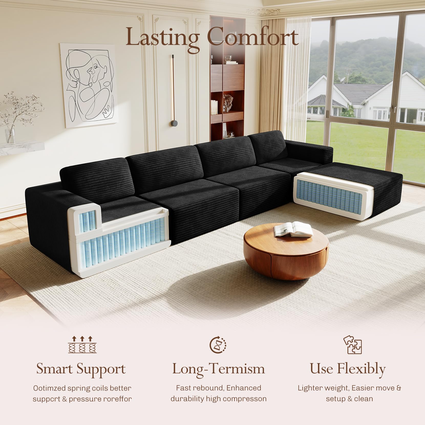 159" Large Modular Sectional Sofa, L-Shaped Corduroy Cloud Couch with Deep Seats & Spring Support, 4-Seater Boneless Sofa with Movable Ottoman, No Assembly Needed, Black