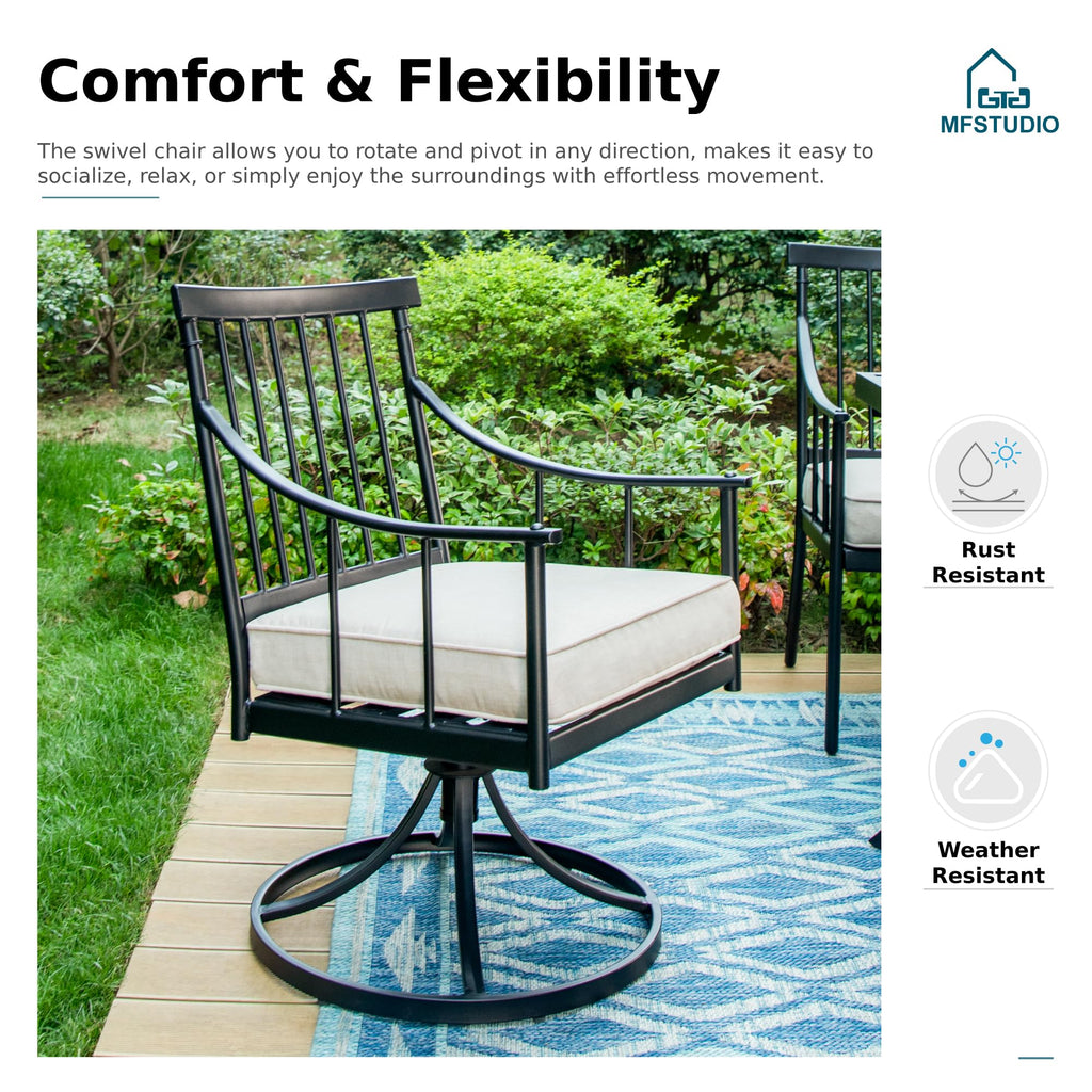 9 PCS Outdoor Patio Dining Set, 8 Metal Swivel Chairs with Removable Cushions and 1 Square Dining Table with 1.57" -1.9" Adjustable Umbrella Hole Furniture Sets for Lawn Backyard Garden