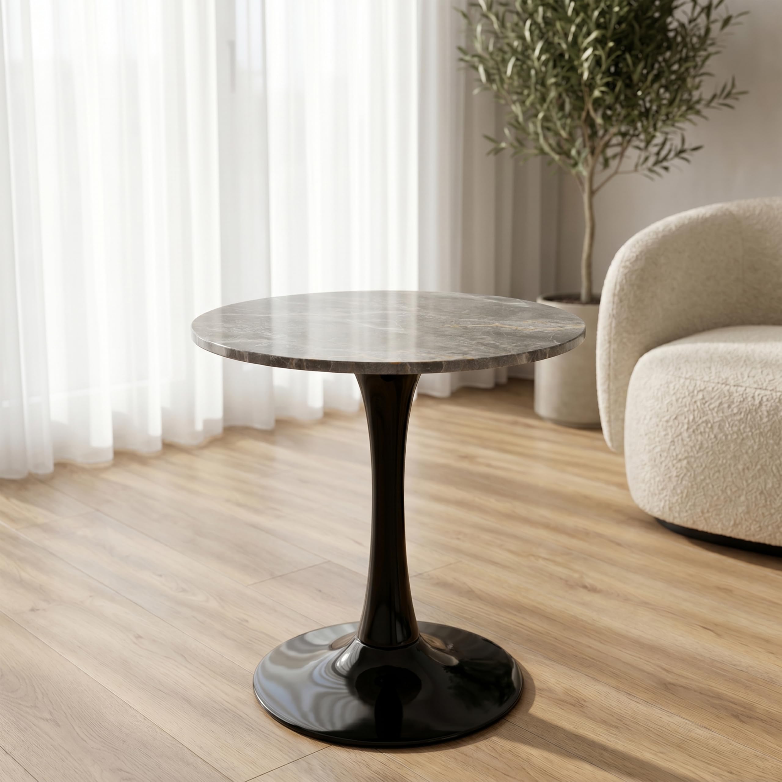 27.6" Marble Round Tulip Table, Mid-Century Modern Style Dining Table with Black Pedestal Base for 2-4 People, Featuring A Marble Tabletop for Kitchen, Dining Room, Cafe (Dark Grey)