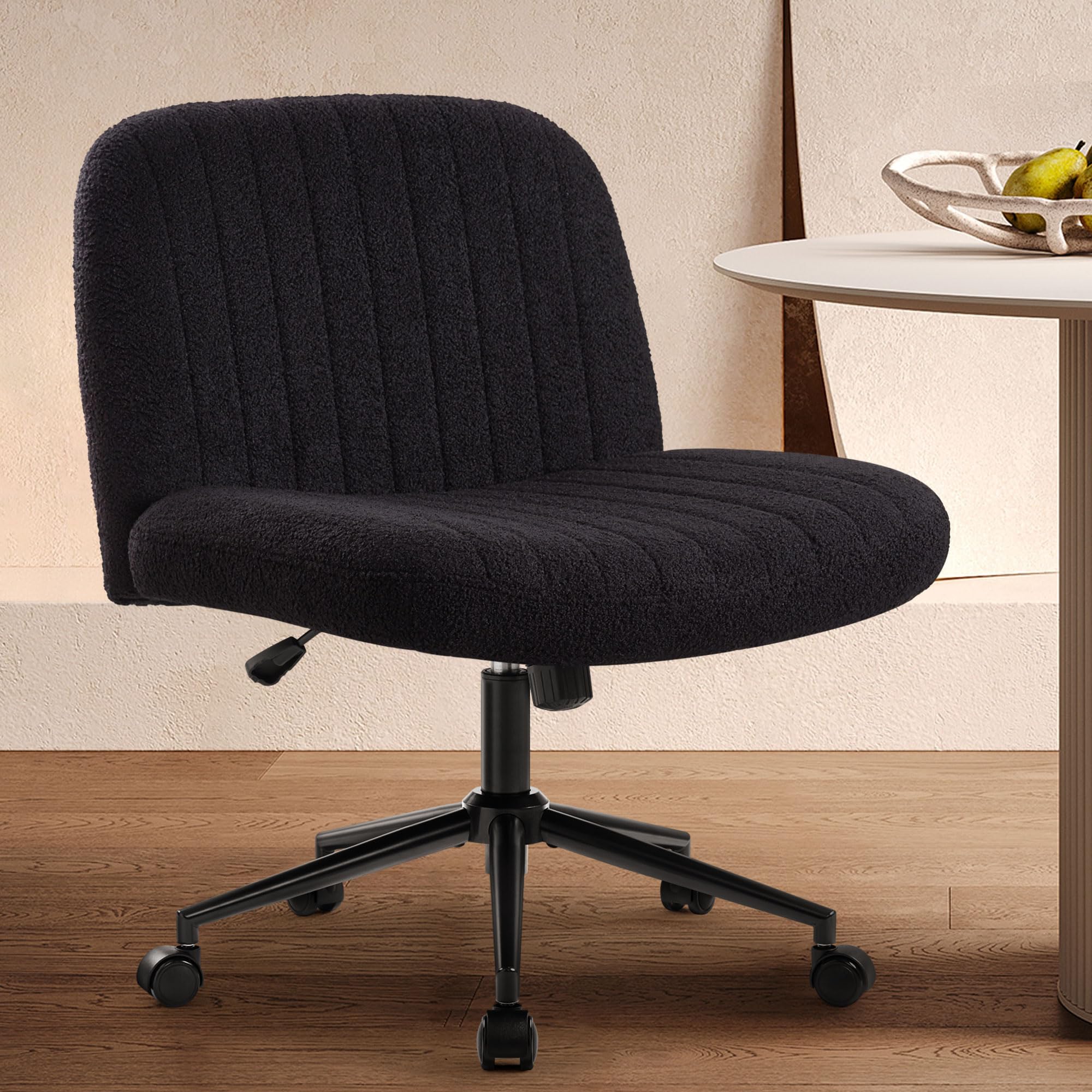 Criss Cross Chair Cross Legged Office Chair with Wheels Armless Wide Seat Desk Chairs Height Adjustable Computer Task Chairs Swivel Vanity Chair for Home Office Bedroom Make Up Teddy Fabric Black