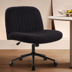 Criss Cross Chair Cross Legged Office Chair with Wheels Armless Wide Seat Desk Chairs Height Adjustable Computer Task Chairs Swivel Vanity Chair for Home Office Bedroom Make Up Teddy Fabric Black