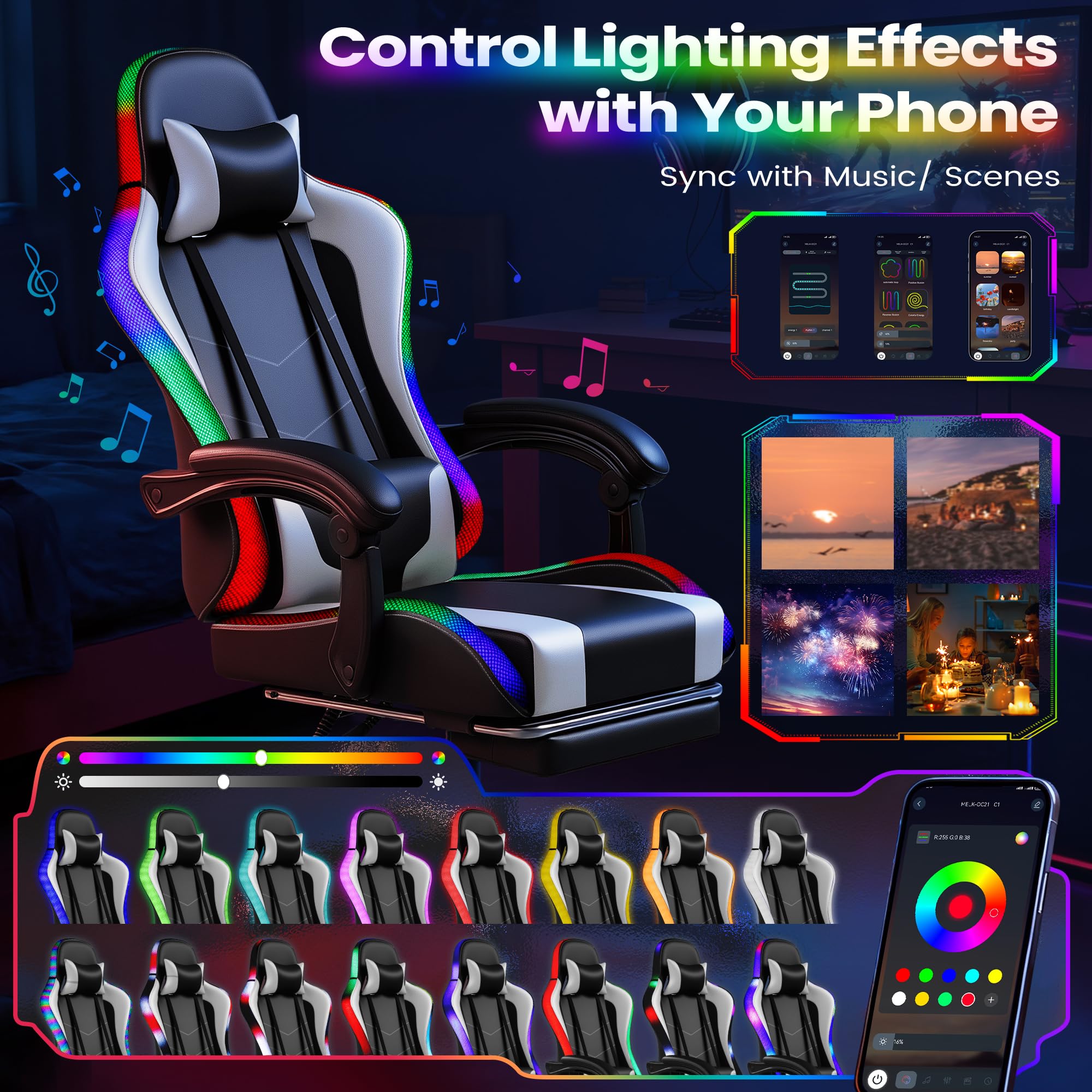 Gaming Chair, Video Game Chair with Footrest and Massage Lumbar Support, Ergonomic Computer Chair Height Adjustable with Swivel Seat and Headrest (RGB Lvory)