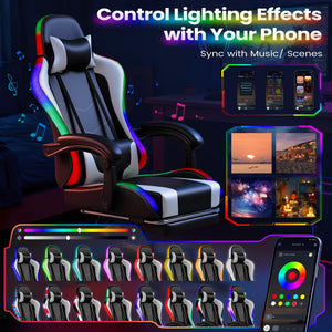 Gaming Chair, Video Game Chair with Footrest and Massage Lumbar Support, Ergonomic Computer Chair Height Adjustable with Swivel Seat and Headrest (RGB Lvory)