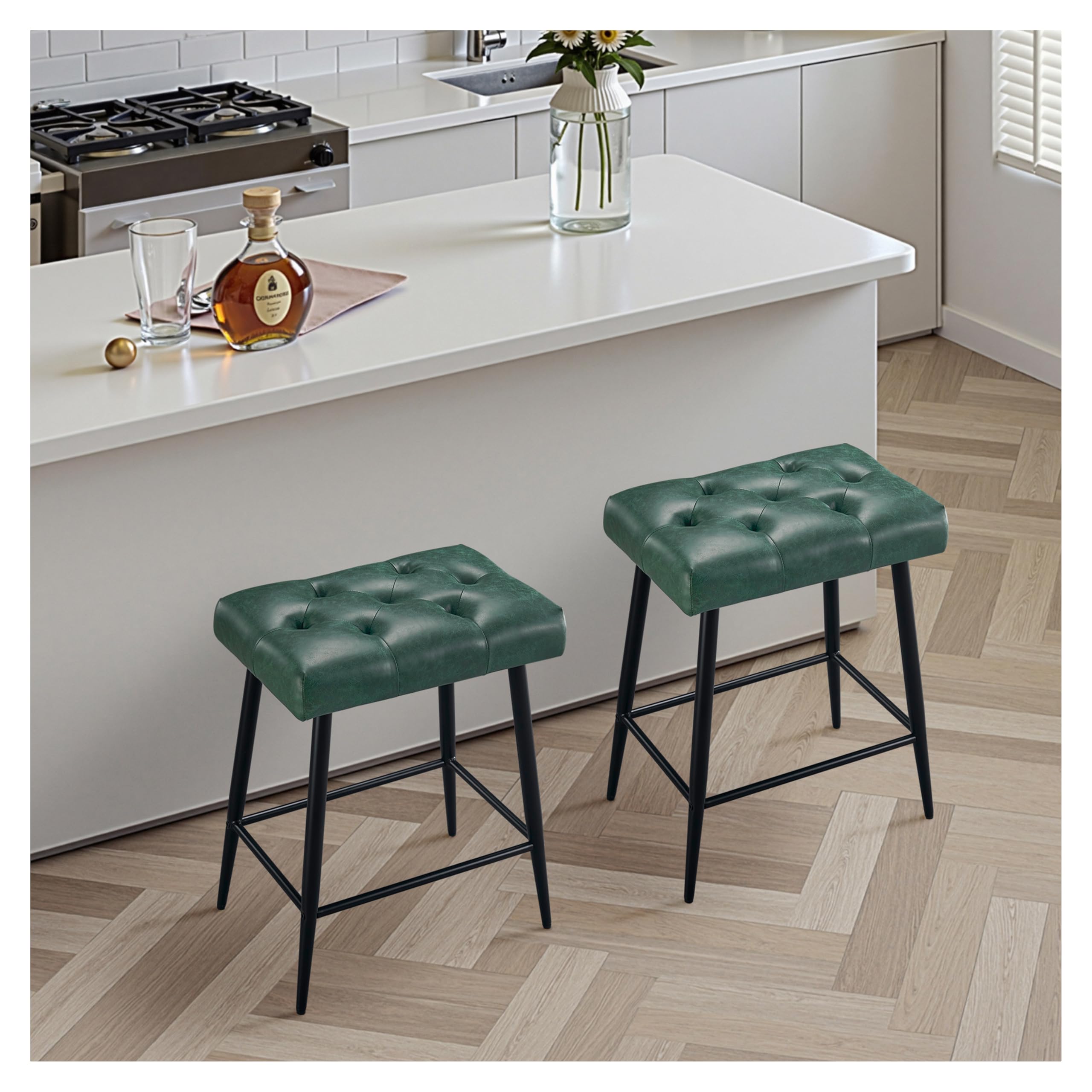 Bar Stools Set of 2, 24 Inch Counter Height Bar Stool for Kitchen Island, Modern Bar Hight Stools with Sturdy Metal Base and Thickened Saddle Cushion, 330Lbs, Green