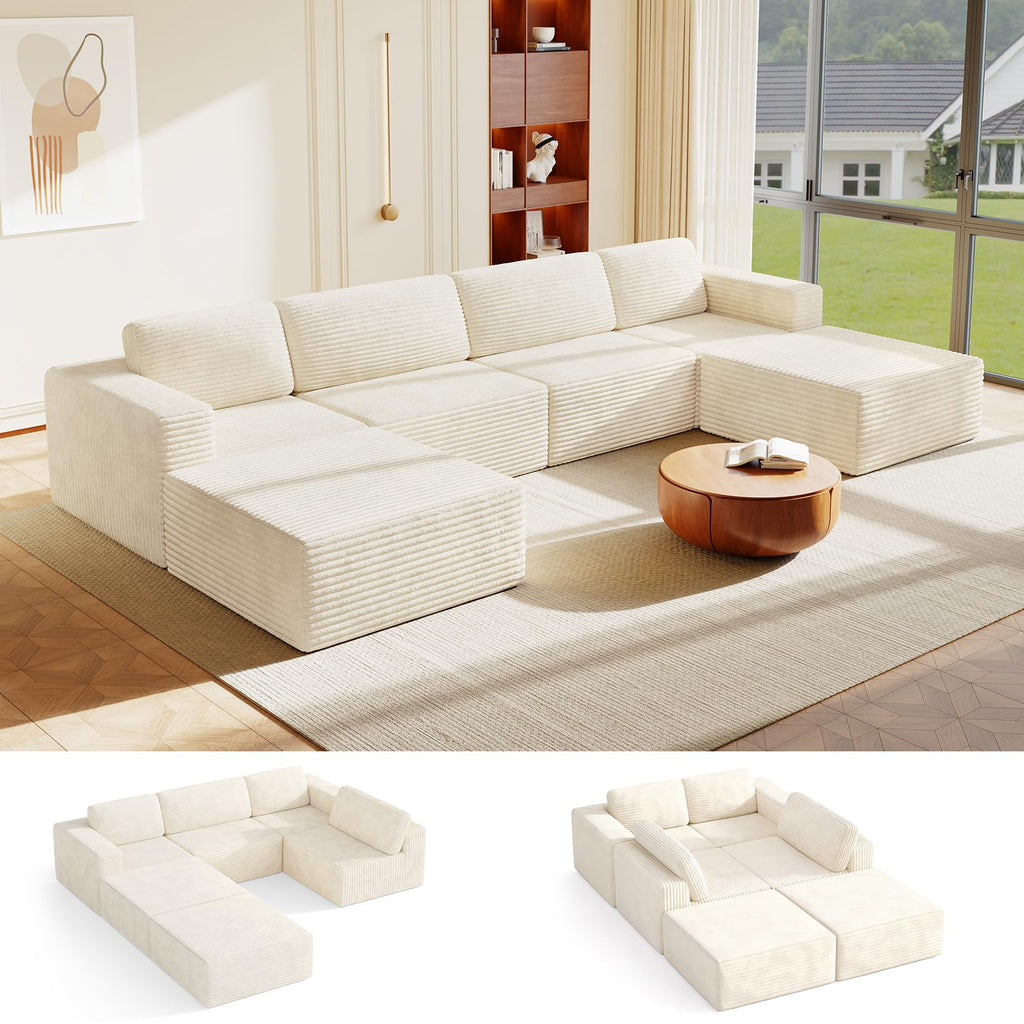 159" Large Modular Sectional Sofa, U-Shaped Corduroy Cloud Couch with Deep Seats & Spring Support, 4-Seater Boneless Sofa with 2 Movable Ottomans, No Assembly Needed, Beige