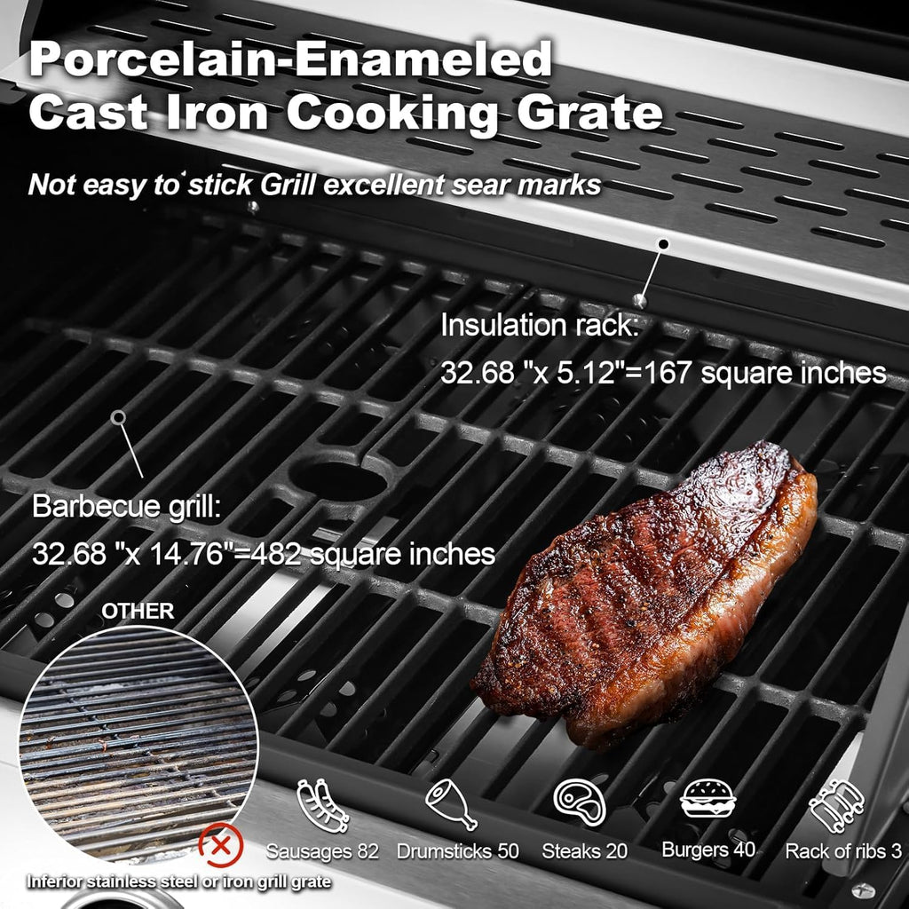 Upgraded 60,000 BTU Stainless Steel Burner Barbecue Grill, 6 Burner BBQ Propane Gas Grill with Side Stove & Cast Iron Grates for Patio, Camping, Outdoor Cooking