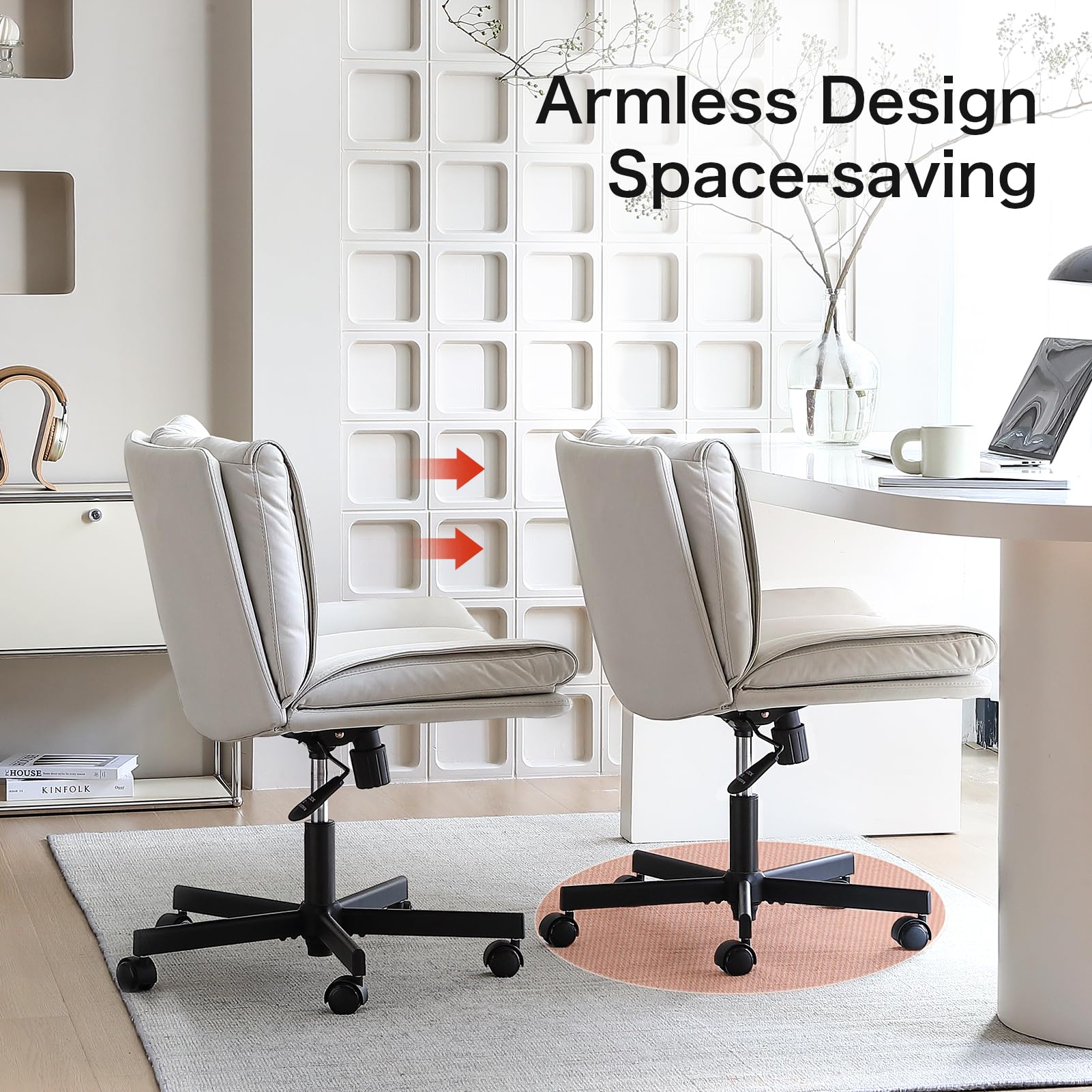 Criss Cross Chair with Wheels Swivel Rolling Armless Vanity Chair Adults Wide Seat Cross-legged Chair Convertible Fixed Wheels or Casters Desk Office Chair for Living Room, Bedroom, Makeup Room