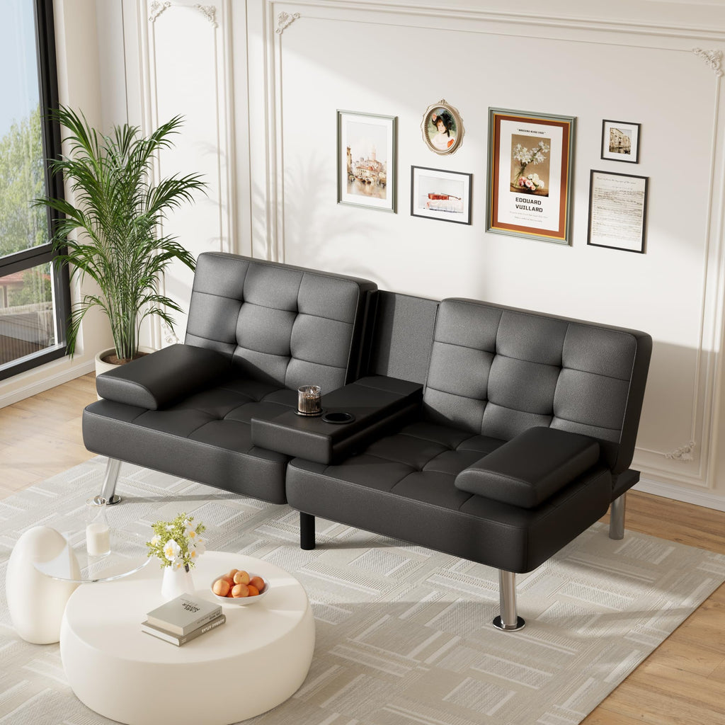 Sofa Bed Adjustable Futon Couch Sleeper Sofa Bed for Living Room, Business Office, Recliner Sofas with Cup Holders (PU Leather, Black)