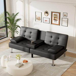 Sofa Bed Adjustable Futon Couch Sleeper Sofa Bed for Living Room, Business Office, Recliner Sofas with Cup Holders (PU Leather, Black)