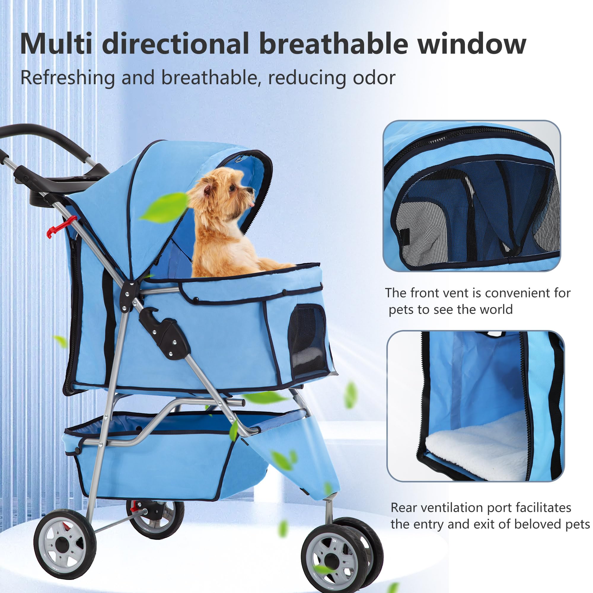Pet Stroller 3-Wheel Durable Foldable Cat Dog Stroller with Washable Liner Storage Basket Cup Holder,Blue