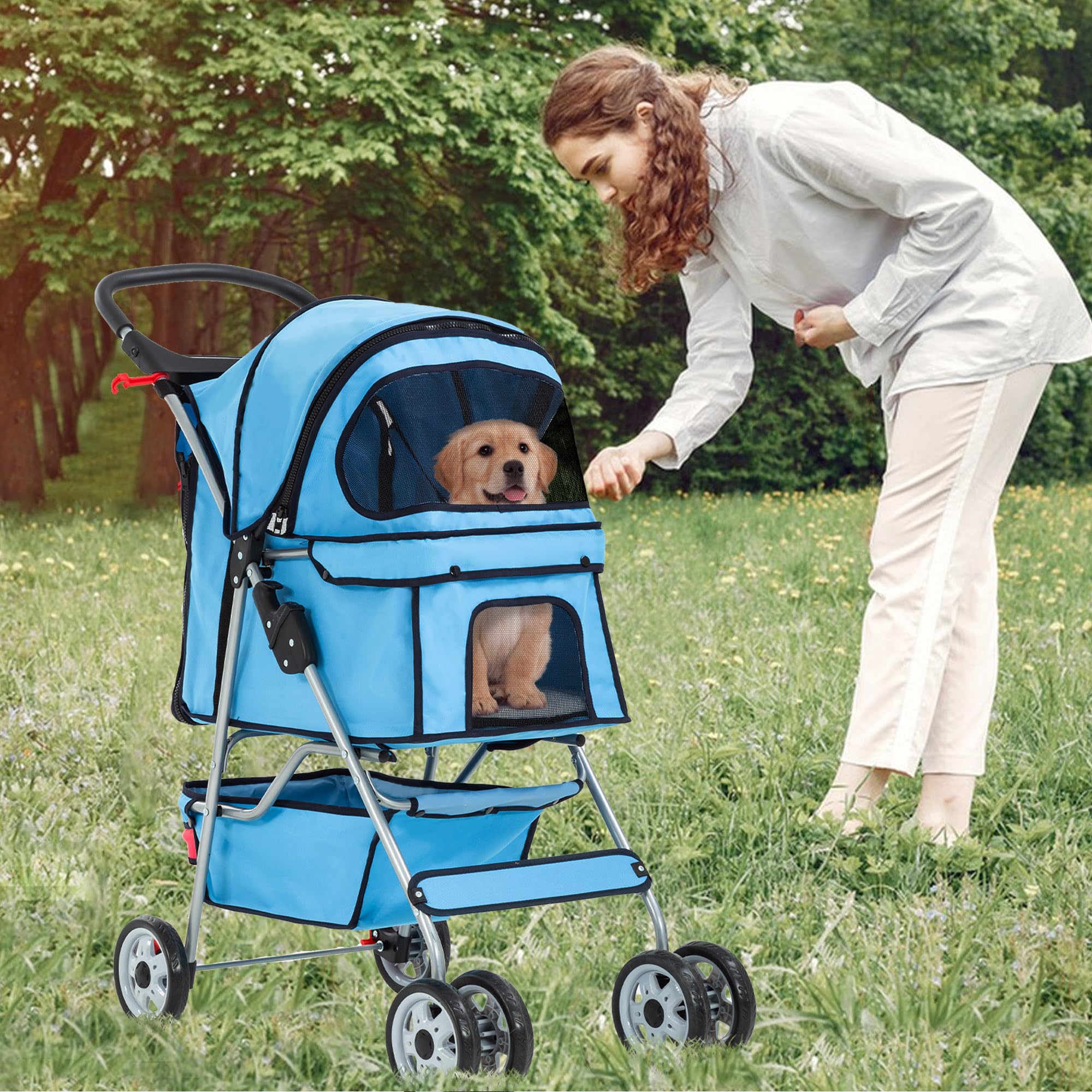 Pet Stroller 4-Wheel Dog Cat Stroller Travel Folding Carrier Puppy Stroller with Cup Holder and Removable Liner for Small Medium Dogs Cats, Blue