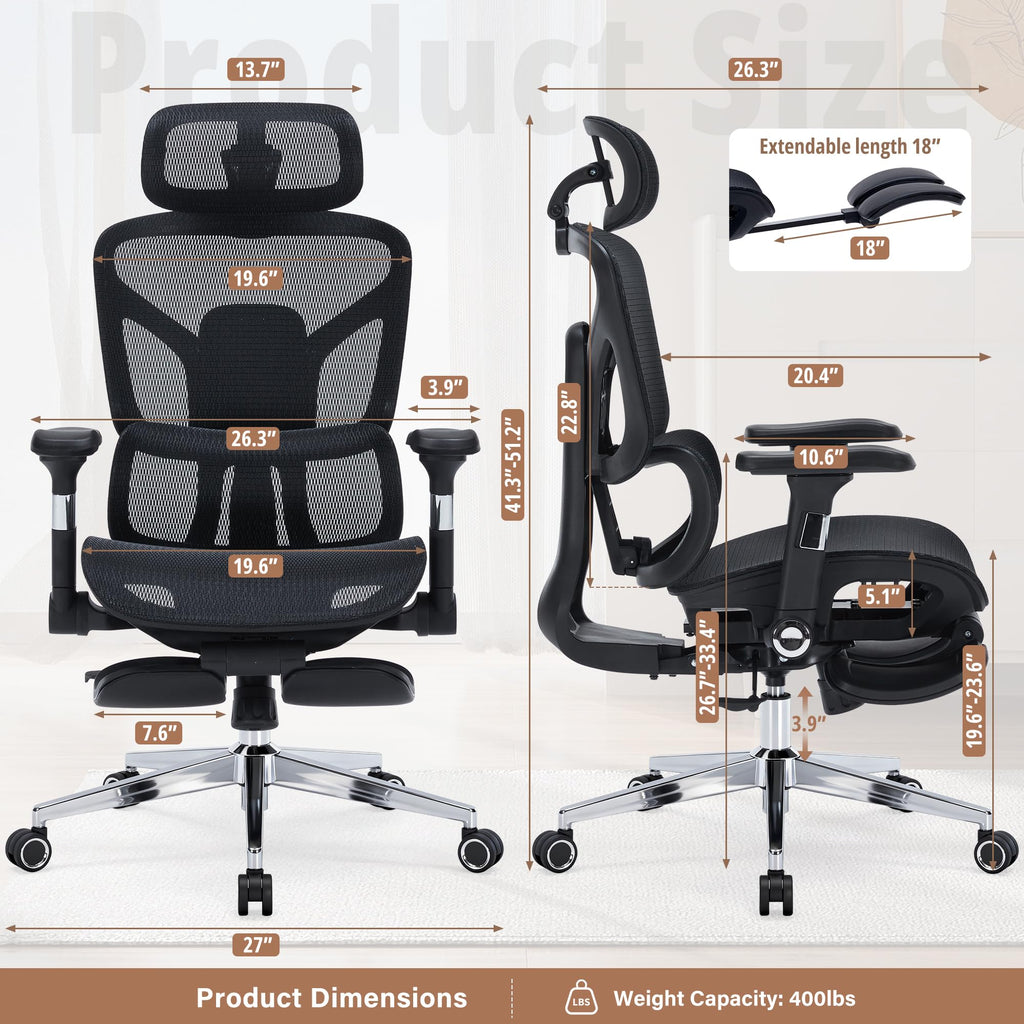 Ergonomic Mesh Office Chair | Adjustable Headrest, 5D Armrests & Footrest | High Back Computer Chair