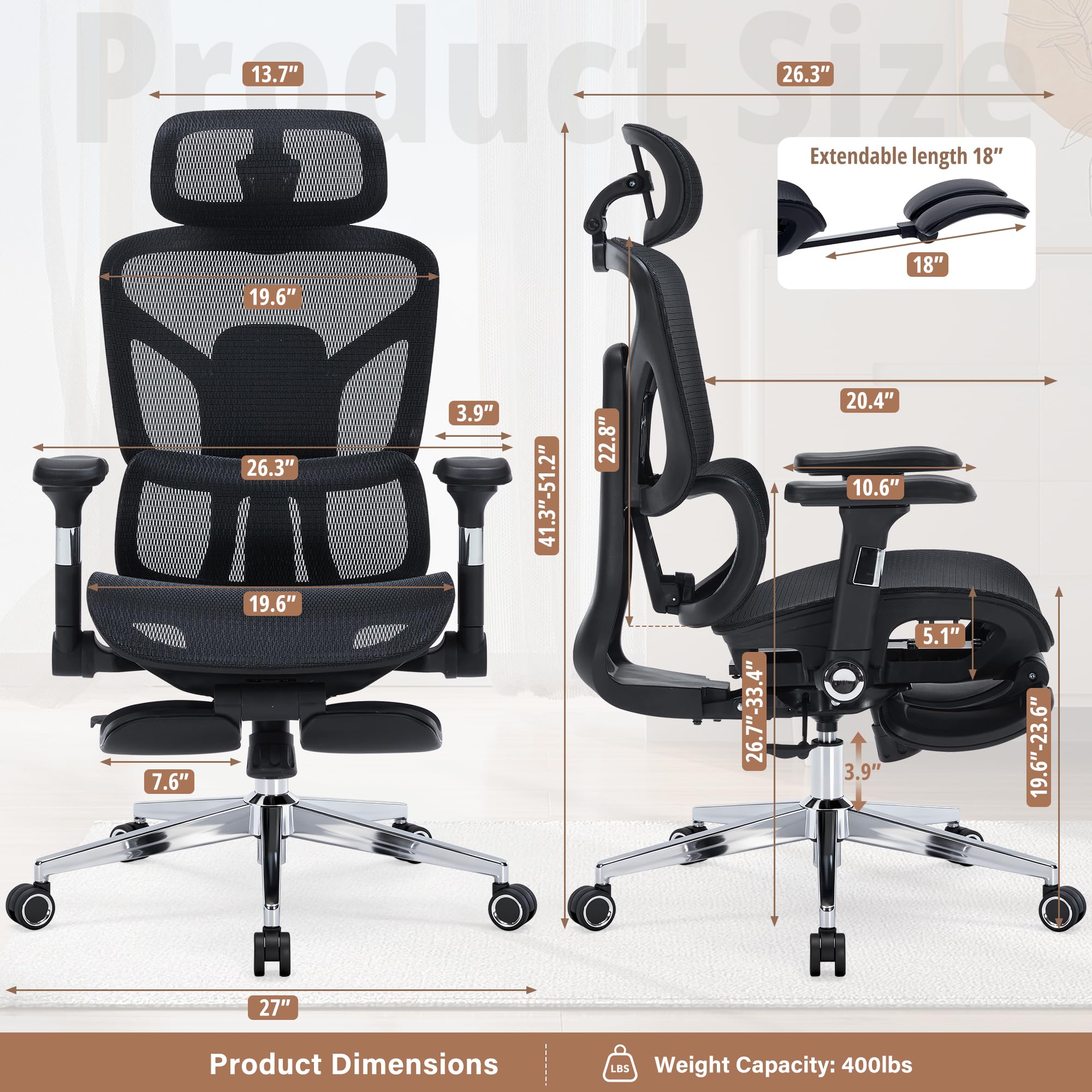 Ergonomic Mesh Office Chair | Adjustable Headrest, 5D Armrests & Footrest | High Back Computer Chair