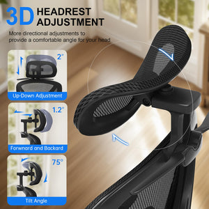 Ergonomic Mesh Office Chair, Home Desk Chair Comfy with Adjustable Lumbar Support 3D Headrest and Armrests, Reclining Big and Tall High Back Computer Gaming Chairs for Man Women, 350lbs Black