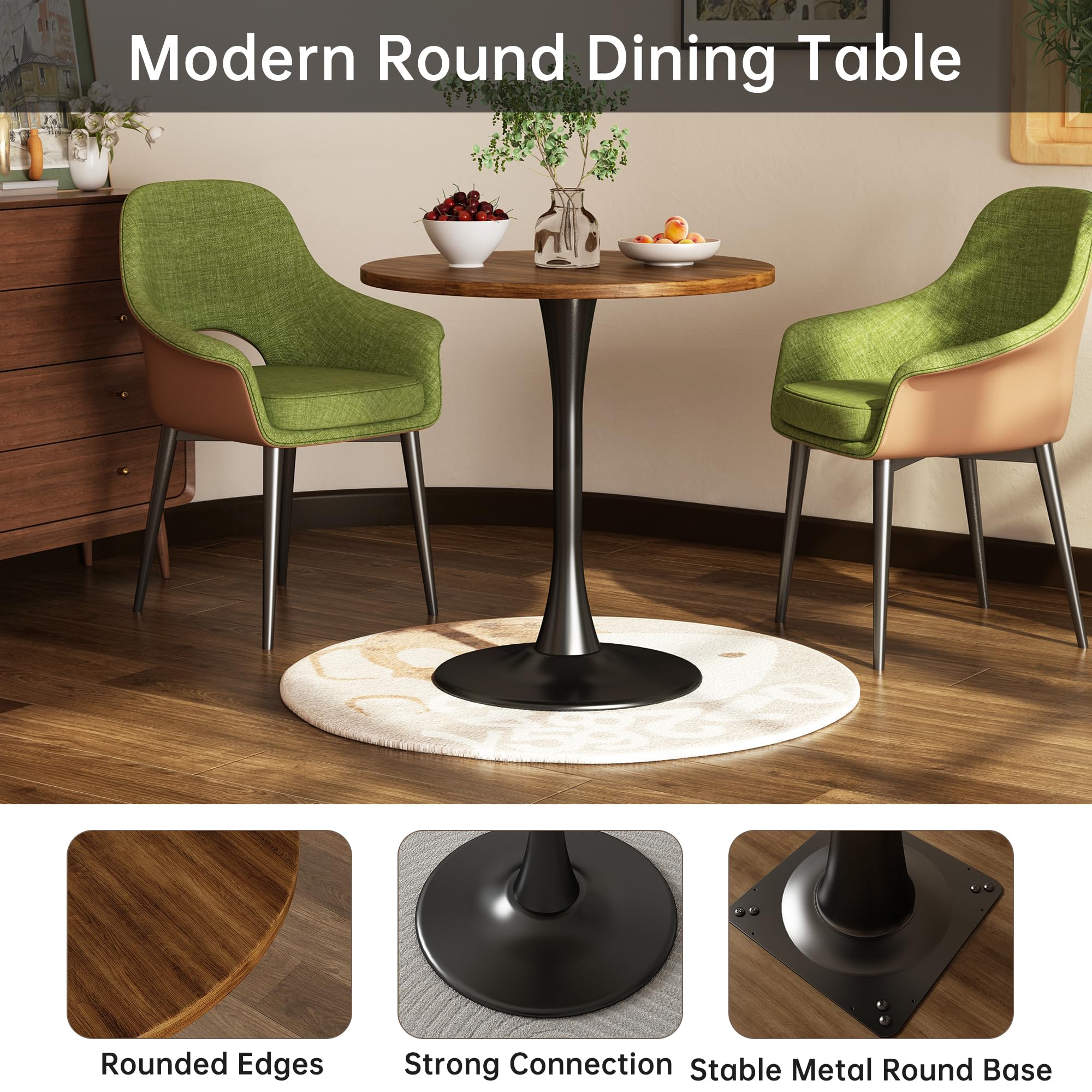 Round Dining Table 31.5" Circle Tulip Table with Wood Thickened Tabletop & Sturdy Metal Pedestal Mid Century Modern Farmhouse Kitchen Tables for 4 Small Places Living Room Cafe,Somber Walnut