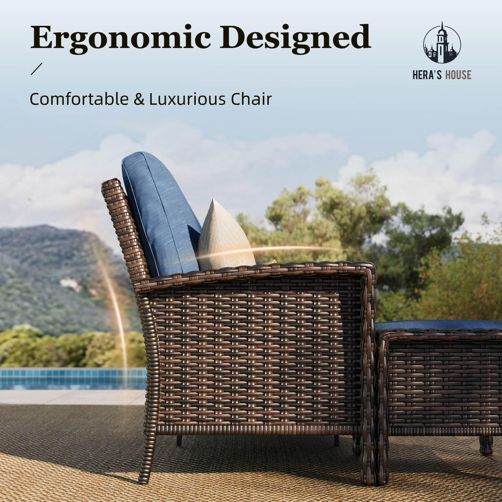 Outdoor Wicker Swivel Chairs with 5.5" Thick Cushions, 35" High Back Patio Chairs Set of 2, Deck Balcony Backyard Furniture, Navy Blue