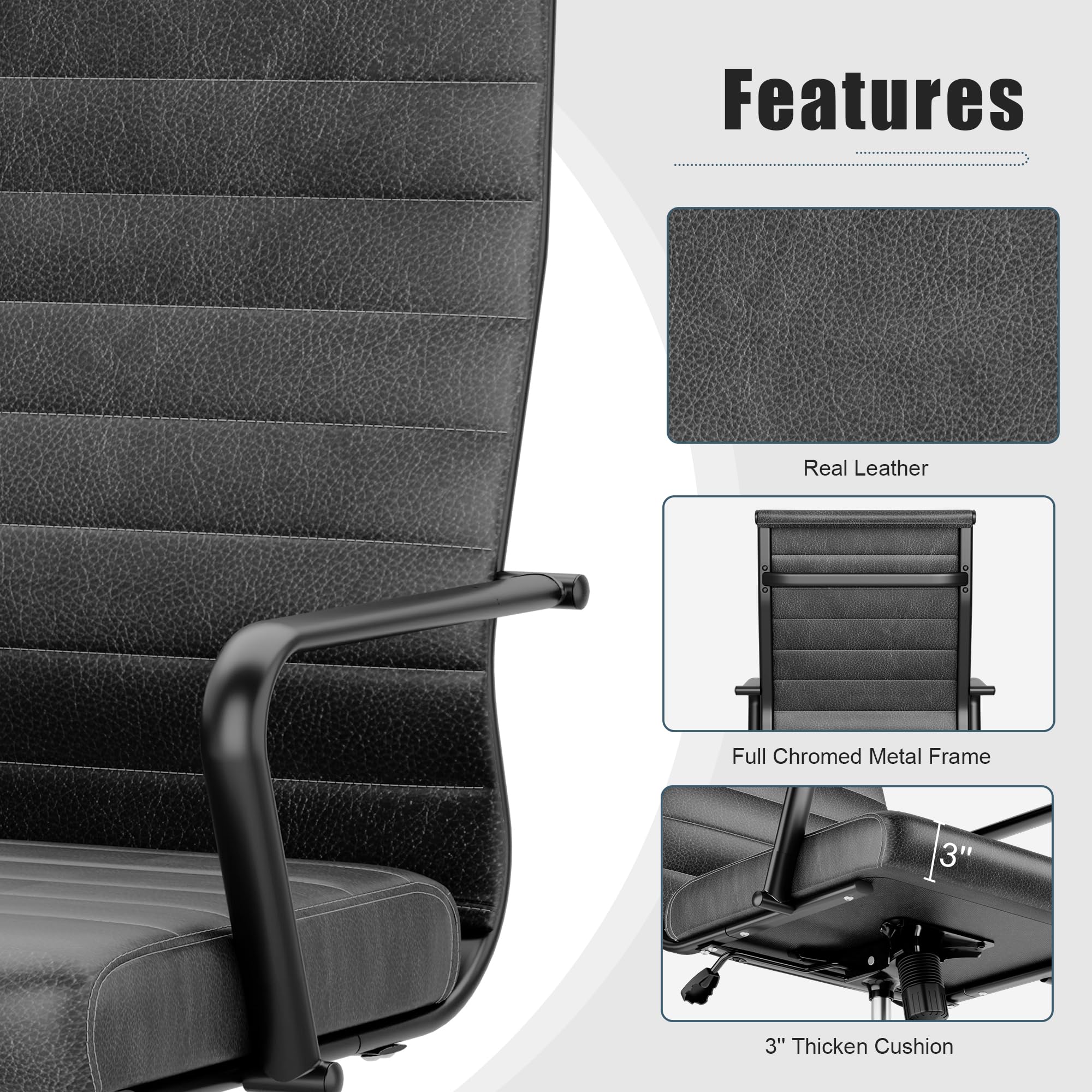 Okeysen Genuine Leather Office Desk Chair, Mid-Century Modern Real Leather Conference Room Chairs, Ergonomic Executive Ribbed Height Adjustable Swivel Rolling Chair for Home Office....