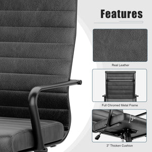 Okeysen Genuine Leather Office Desk Chair, Mid-Century Modern Real Leather Conference Room Chairs, Ergonomic Executive Ribbed Height Adjustable Swivel Rolling Chair for Home Office....