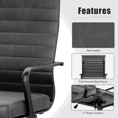 Okeysen Genuine Leather Office Desk Chair, Mid-Century Modern Real Leather Conference Room Chairs, Ergonomic Executive Ribbed Height Adjustable Swivel Rolling Chair for Home Office....