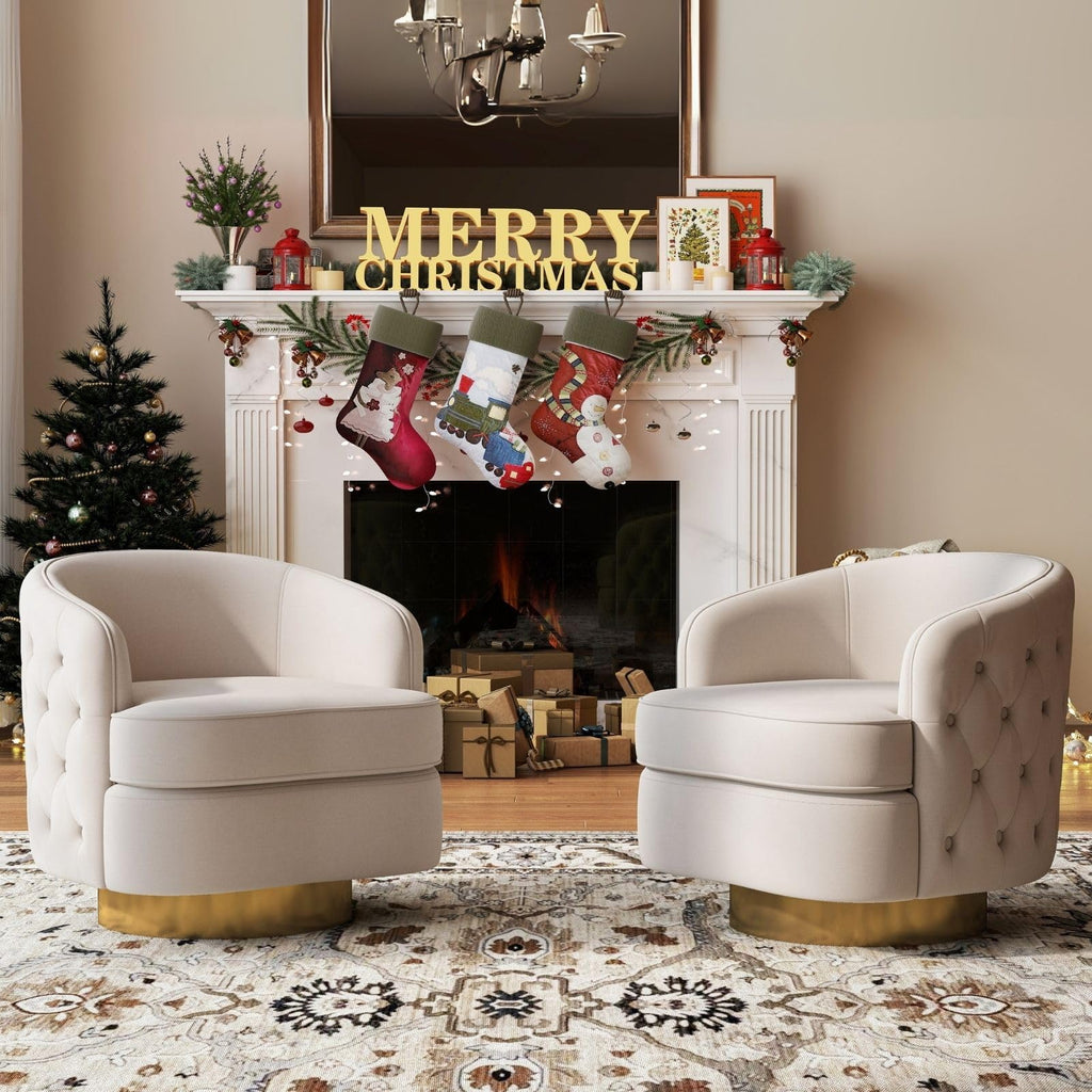 Modern Accent Chair, Swivel Barrel Armchair for Living Room, Button Tufted Velvet Comfy Chairs, Round Upholstered Single Sofa Seating with Gold Base, White