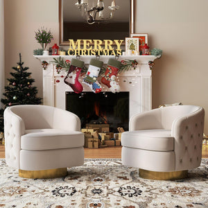 Set of 2 Modern Accent Chairs, Swivel Barrel Armchairs for Living Room, Button Tufted Velvet Comfy Chair, Round Upholstered Single Sofa Seating with Gold Base, White