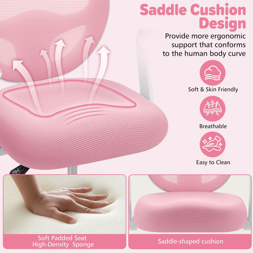 Kids Desk Chair Ergonomic Study Chair with Flipped Armrest and Footrest Adjustable Height Swivel Kids Computer Chair Mesh Desk Chair for Boys Girls Children at Home Bedroom Study Room Pink