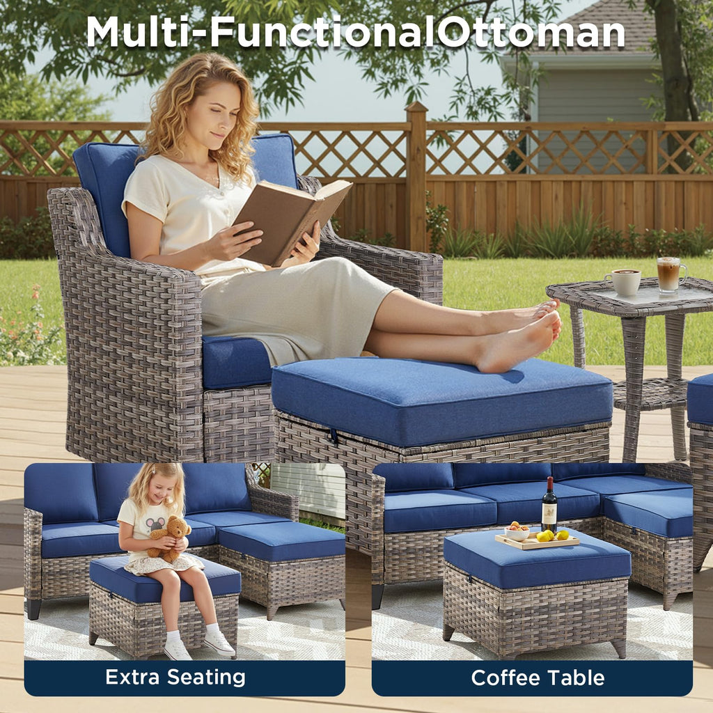 6 Piece Outdoor Patio Wicker Furniture Sets-High Back Outdoor Conversation Set Sectional Sofa with Wicker Swivel Rocker Patio Chairs,Thick Cushions Ottomans for Porch Balcony Patio Deck Grey/Blue