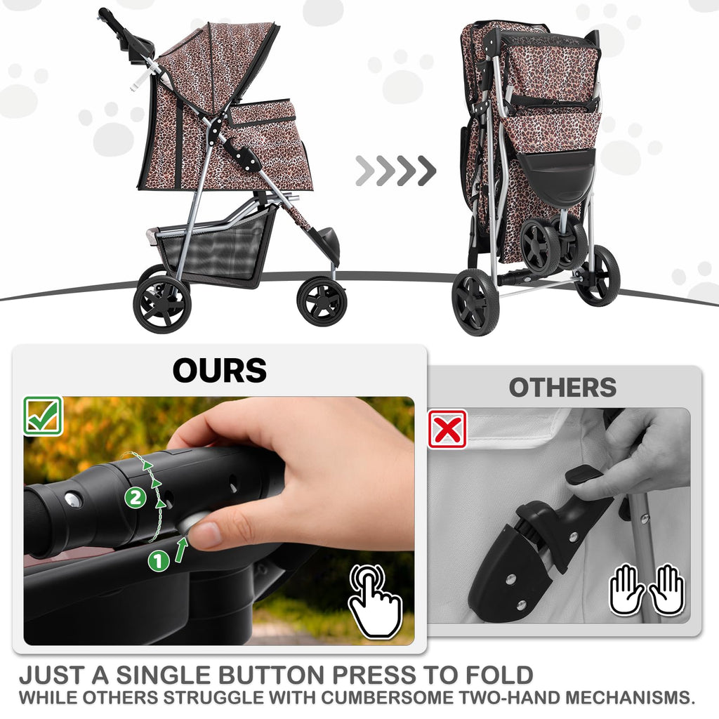 3 Wheels Pet Dog Cat Stroller for Small Medium Dogs Cats, Lightweight Foldable Jogger Stroller w/Storage Basket & Cup Holder, Leopard Print