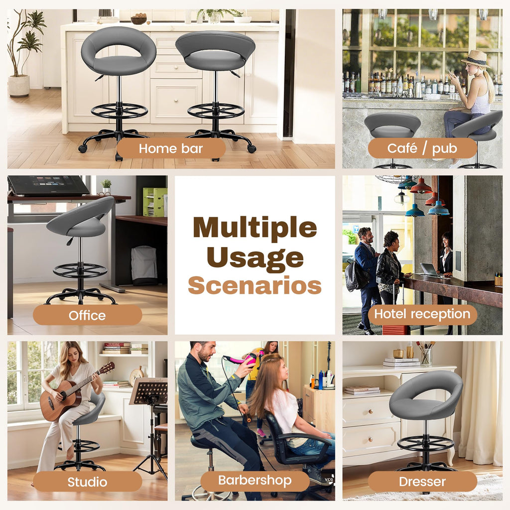 Gray 4 Pack, Drafting Chair with Back, Height Adjustable Rolling Stool with Foot Rest, Tall 360° Swivel Stool PU Leather Chair with Wheels for Home Office, Standing Desk