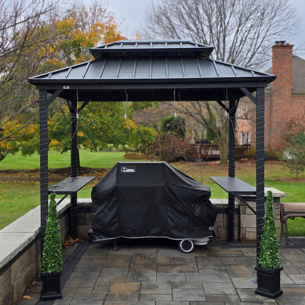 6' X 8' Hardtop Grill Gazebo for Patio Permanent Aluminum Barbeque Shelter Canopy with Ceiling Hook and Shelves Double Tiered Grey Outdoor BBQ Gazebo