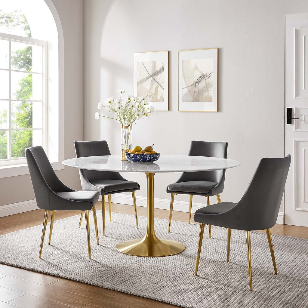 60" Mid-Century Dining Table with Round Artificial Marble Top in Gold White