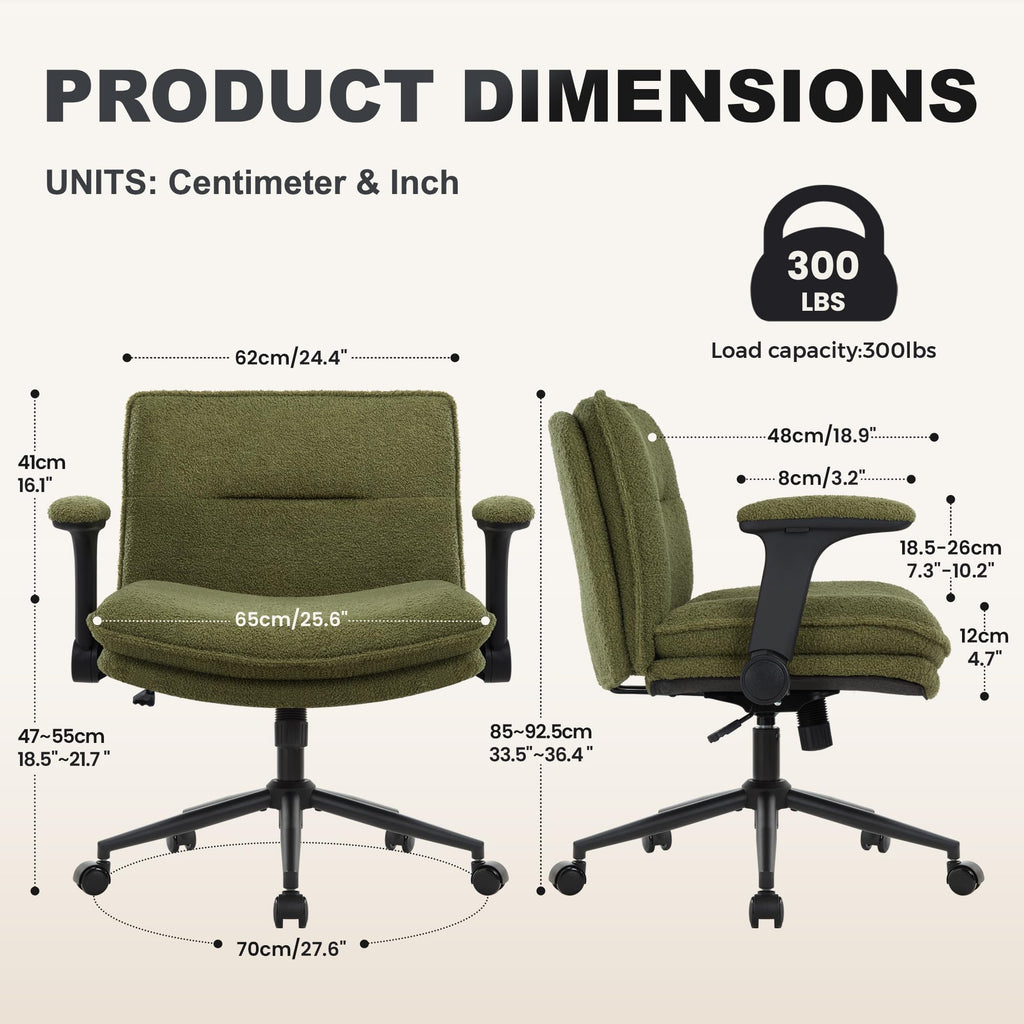 Criss Cross Legged Office Chair with Wheels and Flip-Up Arms, Ergonomic Wide Seat Desk Chair with Thick Padded, Height Adjustable Criss Cross Chairs for Home Office, Bedroom,Vanity,Green