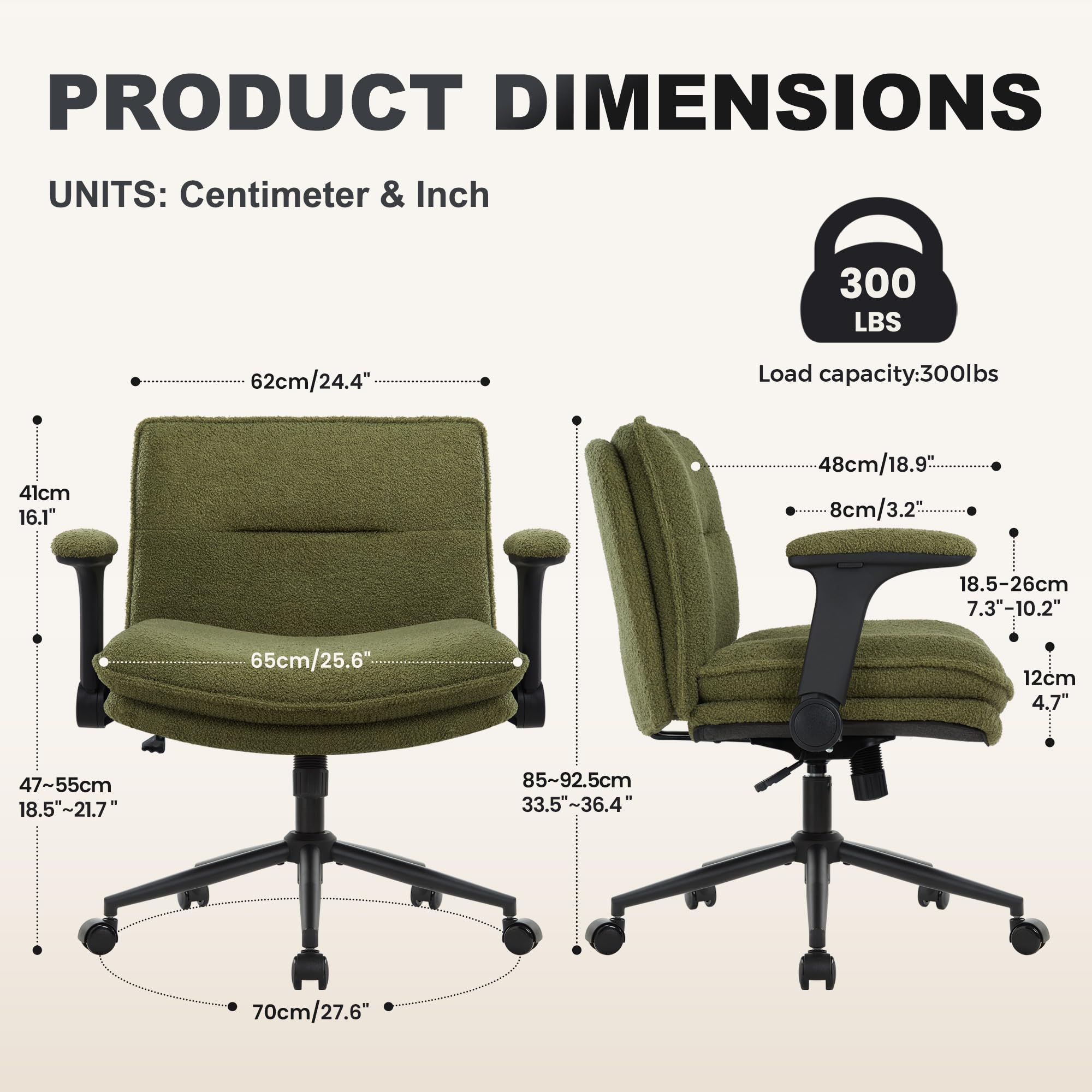 Criss Cross Legged Office Chair with Wheels and Flip-Up Arms, Ergonomic Wide Seat Desk Chair with Thick Padded, Height Adjustable Criss Cross Chairs for Home Office, Bedroom,Vanity,Green
