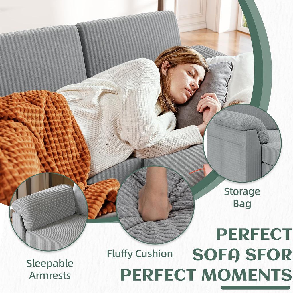 Convertible Sectional Couches Sofa, 3 Seat L Shaped Sofa with Removable Pillows Soft Corduroy Fabric Small Couch Mid Century for Living Room, Bed Room, Apartment and Office (Light Grey)